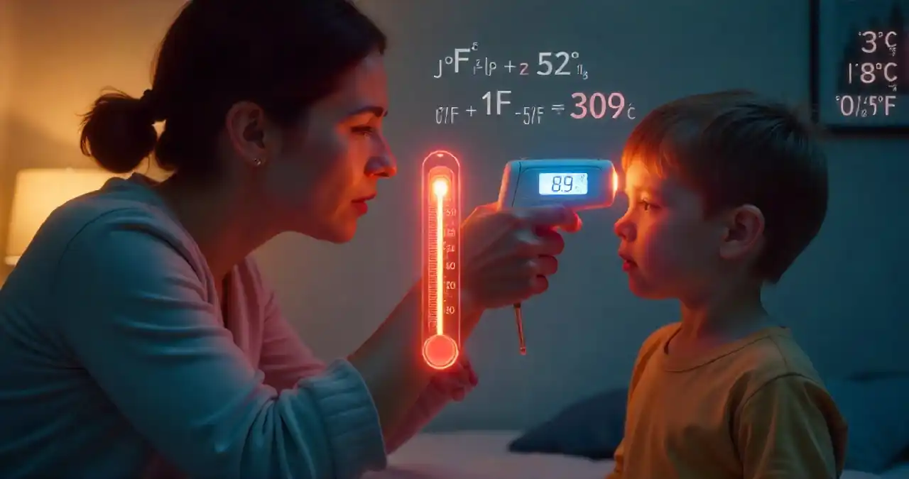 Create a super hyper-realistic cinematic image illustrating the conversion of “102 degrees Fahrenheit to Celsius” with both Fahrenheit and Celsius thermometers side by side. The Fahrenheit thermometer should clearly show a red mercury level at 102°F, while the Celsius thermometer displays 38.9°C. In the background, a concerned parent gently checks a child’s forehead with a digital thermometer, highlighting the real-world health significance of the reading. Floating holographic scientific formulas, including (°F − 32) × 5/9 = °C, should appear subtly above the scene, symbolizing the math behind the conversion. To reinforce the context, a glowing quick-reference chart with values like 100°F = 37.8°C, 101°F = 38.3°C, and 102°F = 38.9°C should appear on a futuristic transparent display. The lighting should emphasize urgency yet clarity, blending warm tones on the feverish subject with cool digital blue around the data, symbolizing science and accuracy. The overall composition must balance medical concern, practical use, and educational value in one striking visual.